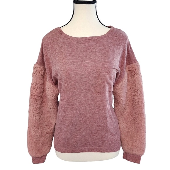 Sweaters - Mauve Fur Fleece Sleeve Sweater Long Sleeve Casual Women's